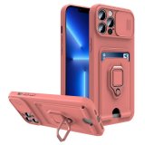 For iPhone 13 - Pink Multi Function Case with Magnetic Ring Holder Camera Shutter & Card holder