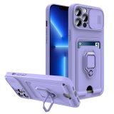 For iPhone 13 Pro - Purple Multi Function Case with Magnetic Ring Holder Camera Shutter & Card holder