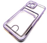 For iPhone 14 Plus - Clear View Card Holder Gel Case With Styled Edge - Purple