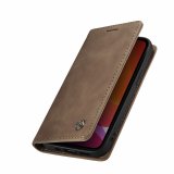For iPhone 13 Mini Wallet Case in Beige Handmade Leather Magnetic Folio Flip