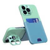 Card holder & Lens protector stand Case For iPhone 14 in Green & Blue