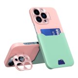 Card holder & Lens protector stand Case For iPhone 14 Pro in Green & Pink