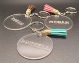 Personalized Keyring Clear Perspex with Key Chain and Coloured Leather Tassle