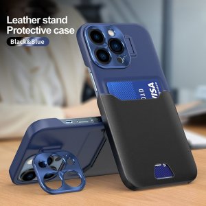 Case For iPhone 14 in Black Blue Card Holder Lens Protector Stand