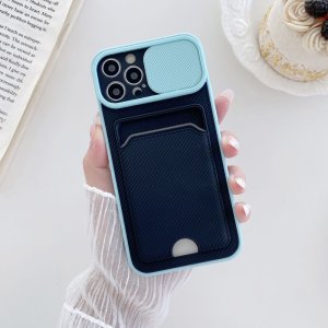 Case For iPhone 12 Pro Max in Cyan Ultra thin Case with Card slot Camera shutter