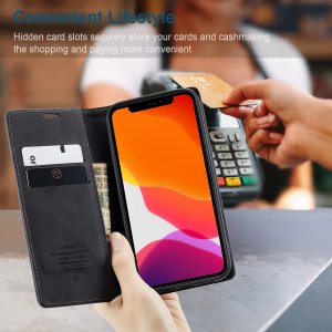 Flip Case For iPhone 13 Pro Max Wallet in Black Handmade Leather Magnetic Flip