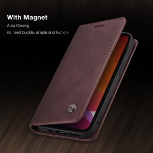 Flip Case For iPhone 13 Pro Wallet in Burgundy Handmade Leather Magnetic Flip