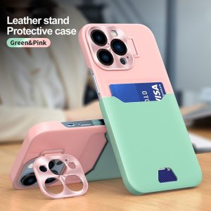 Case For iPhone 14 in Green Pink Card Holder Lens Protector Stand