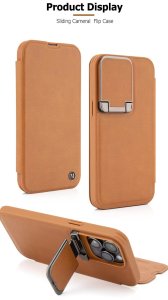 Leather Flip Case with Stand and Camera Protection For iPhone 15 Pro in Tan