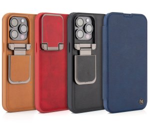 Leather Flip Case with Stand and Camera Protection For iPhone 15 Pro in Red