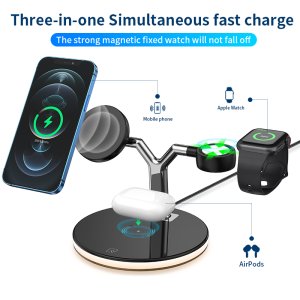 Fast Charger For iPhone Watch Pods 3 in 1 Wireless Magnetic With Night Light