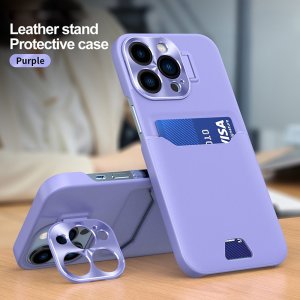 Case For iPhone 14 Pro Max in Purple Card Holder Lens Protector Stand