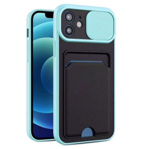 Case For iPhone 12 Pro Max in Cyan Ultra thin Case with Card slot Camera shutter
