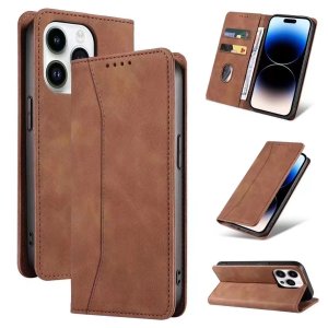 Flip Leather Multi Card Holder Phone Case & Stand For iPhone 15 in Brown