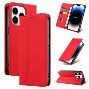 Flip Leather Multi Card Holder Phone Case & Stand For iPhone 15 Pro in Red