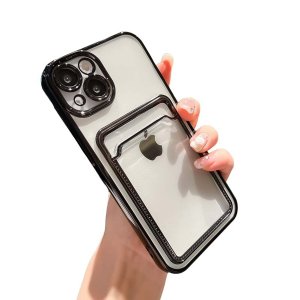 Case For iPhone 14 Plus 15 Plus Clear View Card Holder With Styled Edge Black