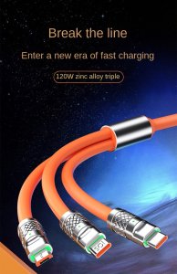 Fast Charging Cable For Mobile Phone 3 in 1 120W Orange Zinc Alloy LED