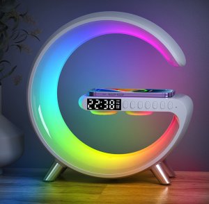 Wireless Charger Alarm Clock Speaker RGB Night Light Charging Station White
