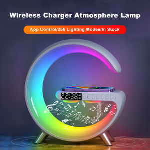 Wireless Charger Alarm Clock Speaker RGB Night Light Charging Station White