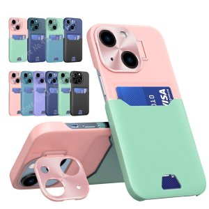 Card holder & Lens protector stand Case For iPhone 14 in Blue