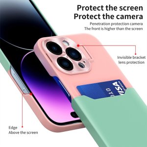 Case For iPhone 14 in Blue Card Holder Lens Protector Stand