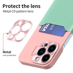 Case For iPhone 14 in Pink Card Holder Lens Protector Stand