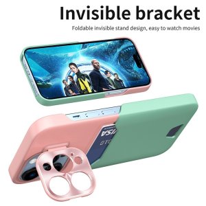 Case For iPhone 14 Pro Max in Green Card Holder Lens Protector Stand