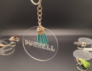 Personalised Keyring Clear Perspex with Key Chain and Coloured Leather Tassle