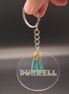 Personalised Keyring Clear Perspex with Key Chain and Coloured Leather Tassle